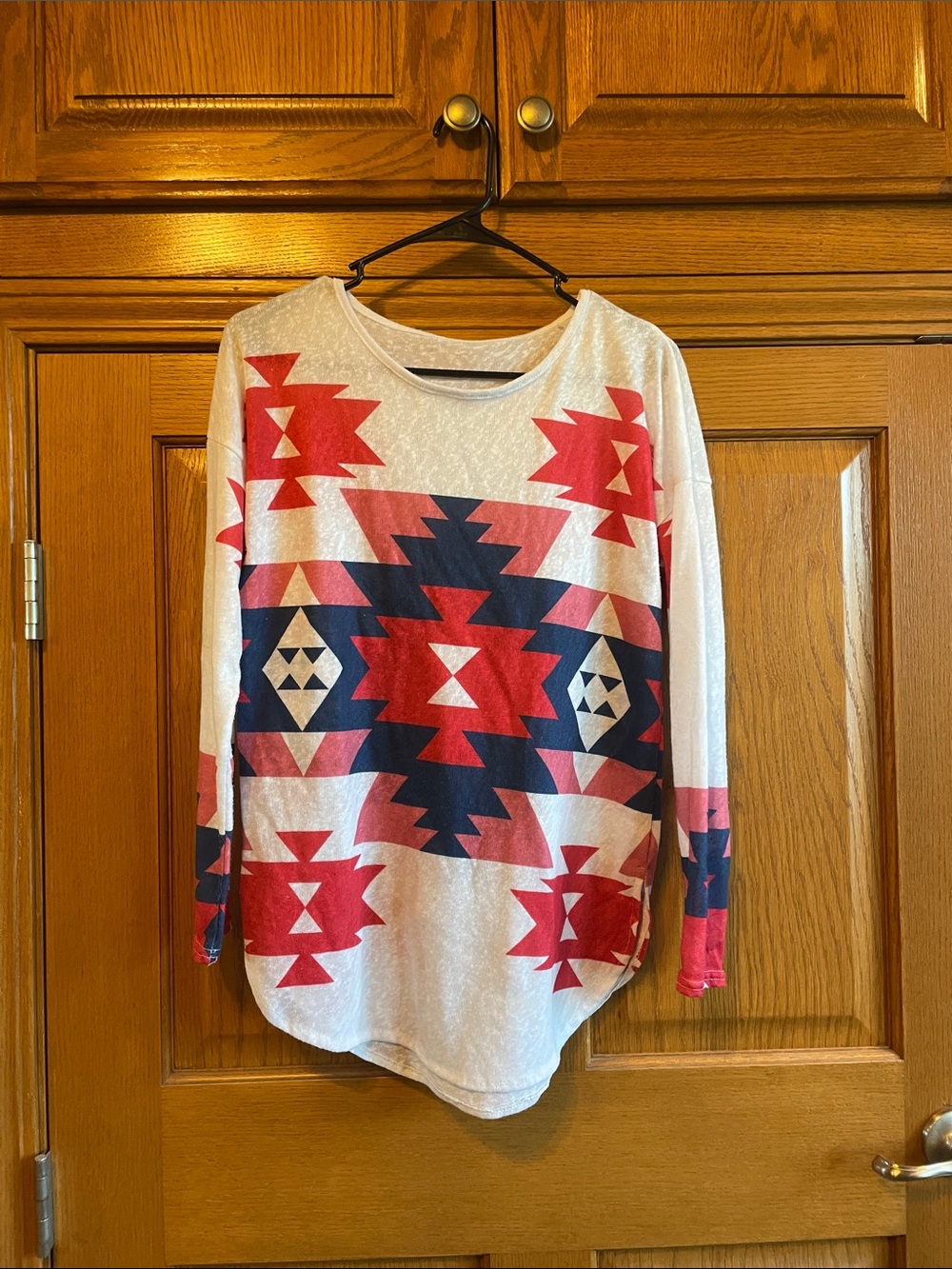 Women's Red & Navy Geometric Aztec Print Long Sleeve Top